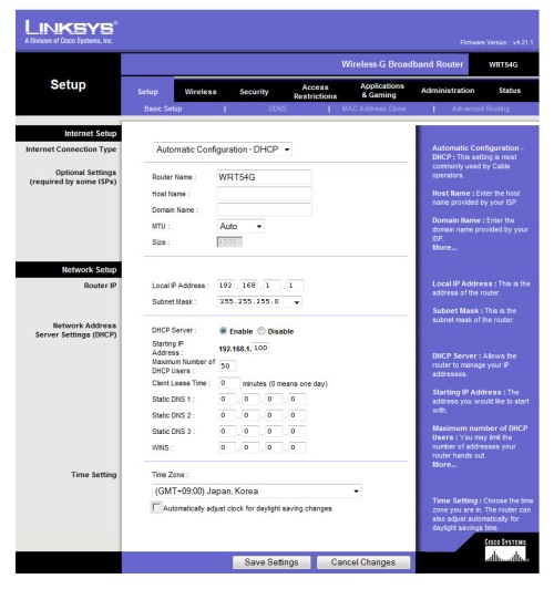 Linksys router web interface