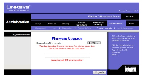 Linksys firmware upgrade page
